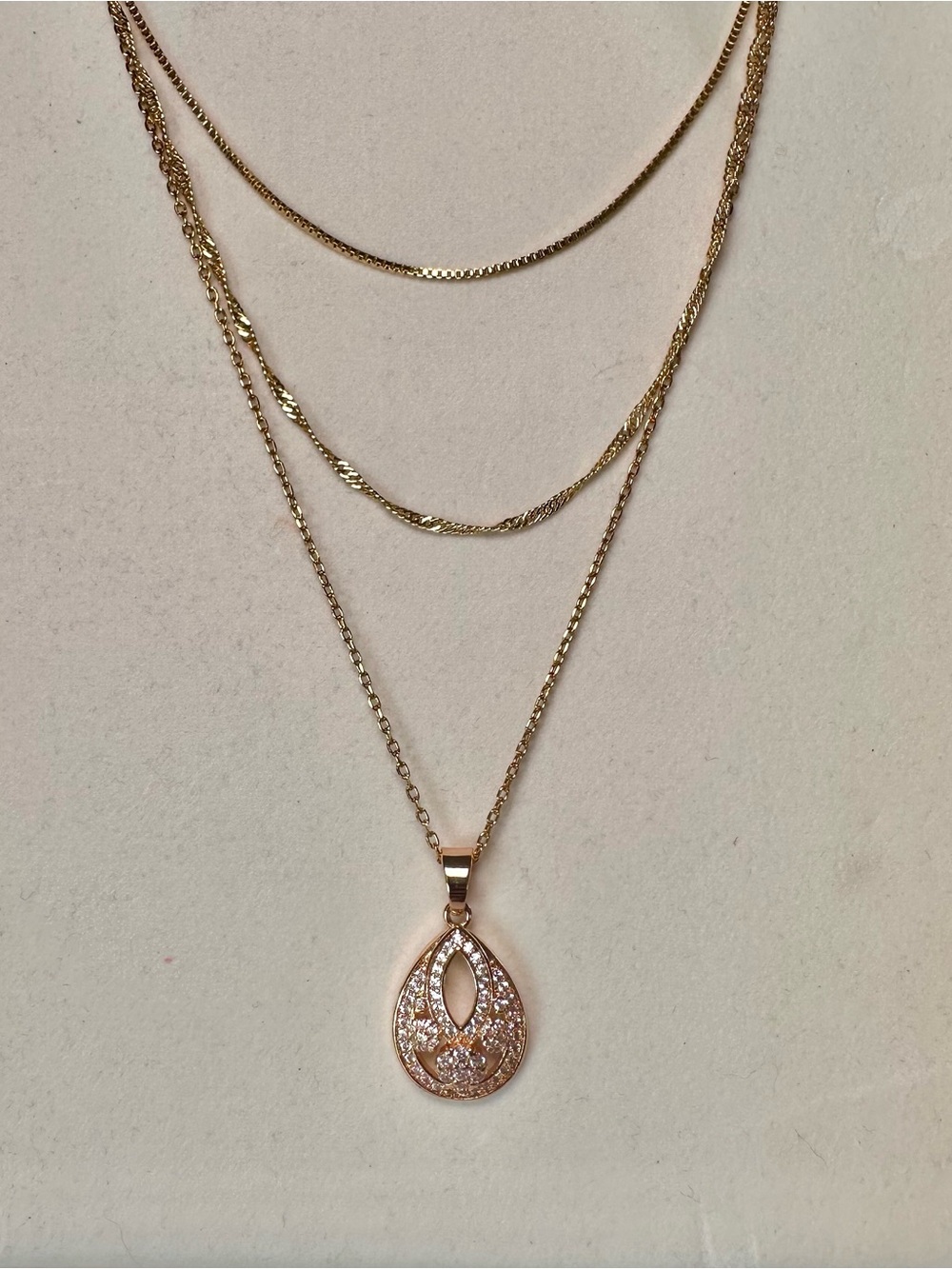 Gold Tone Triple Layer Necklace Crystal Teardrop Pendant Statement